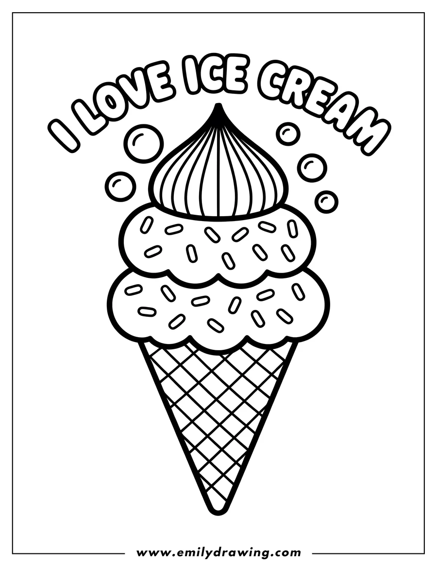Outline of a tall ice cream sundae with sprinkles and a cherry on top.