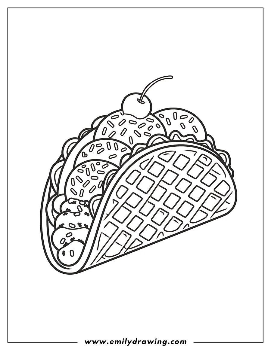 Line art of an ice cream taco with scoops of ice cream, sprinkles, and a cherry on top, all inside a folded waffle.