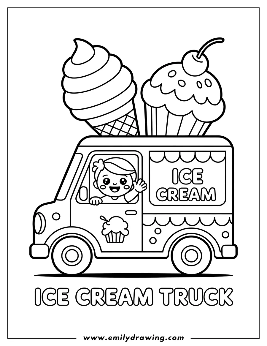 Outline of an ice cream truck with a driver, ice cream cone, and cupcake on top