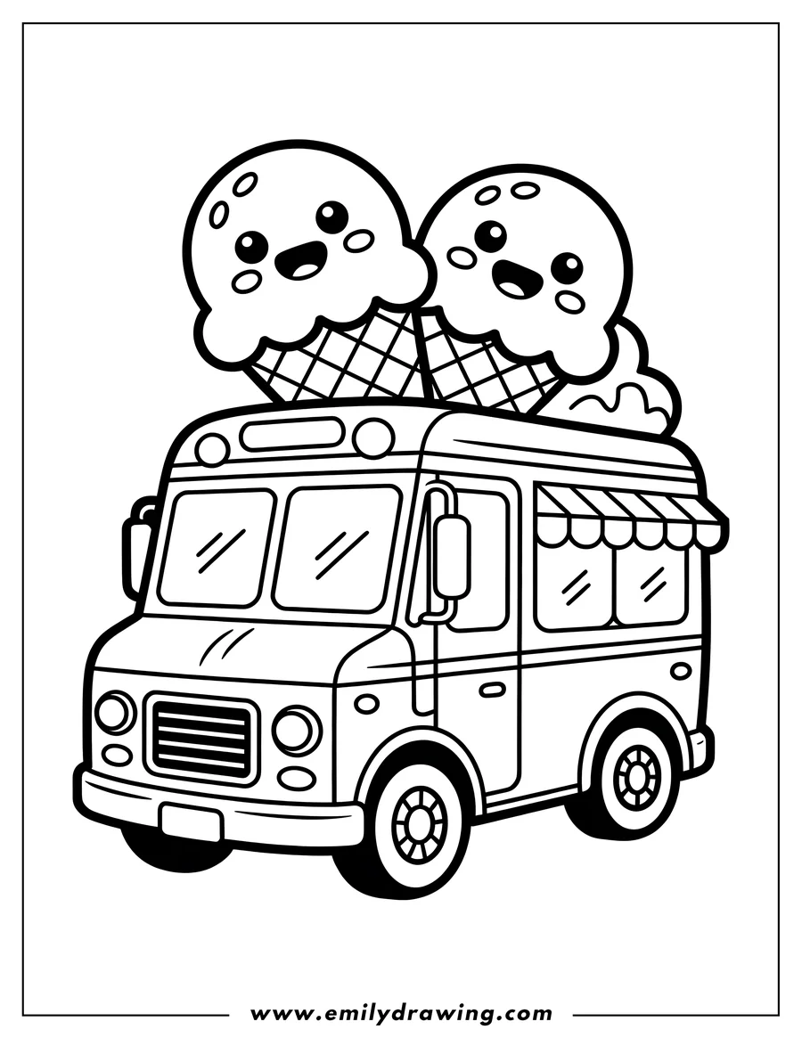Outline of an ice cream truck with two large, happy ice cream cones on its roof.