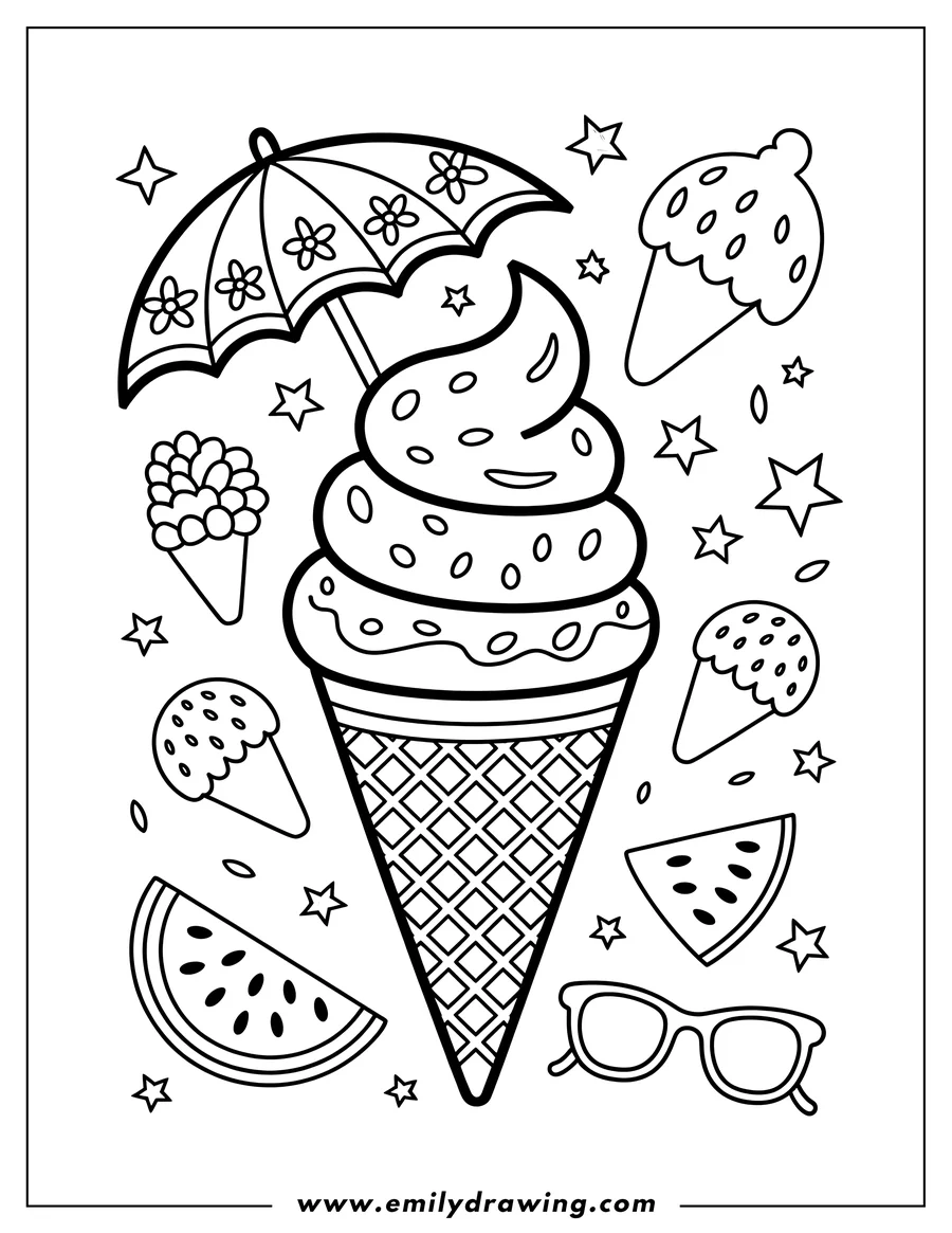 Line art of an ice cream cone with an umbrella, surrounded by watermelon slices, other ice cream treats, and stars.
