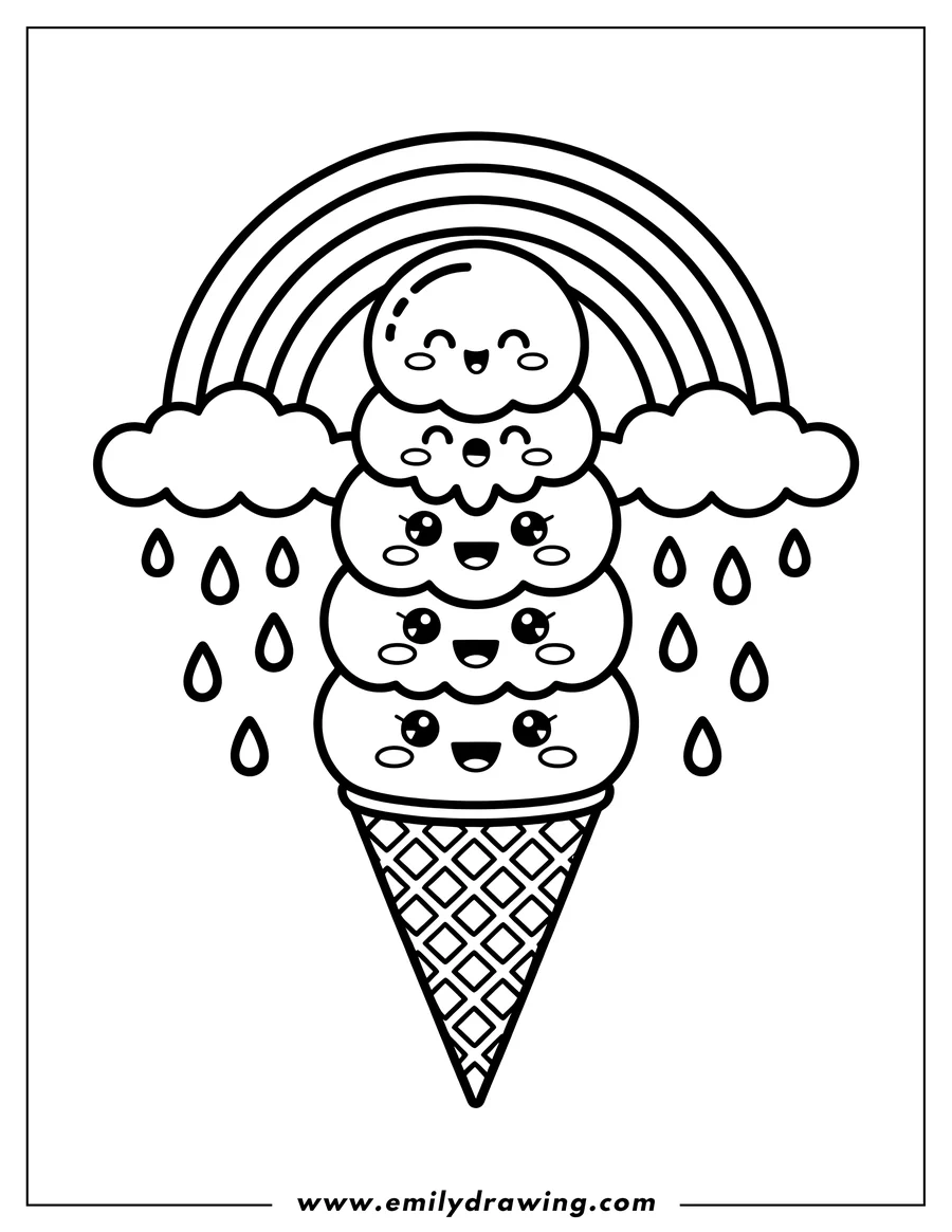 Outline of a happy ice cream cone with three scoops under a rainbow with clouds and raindrops