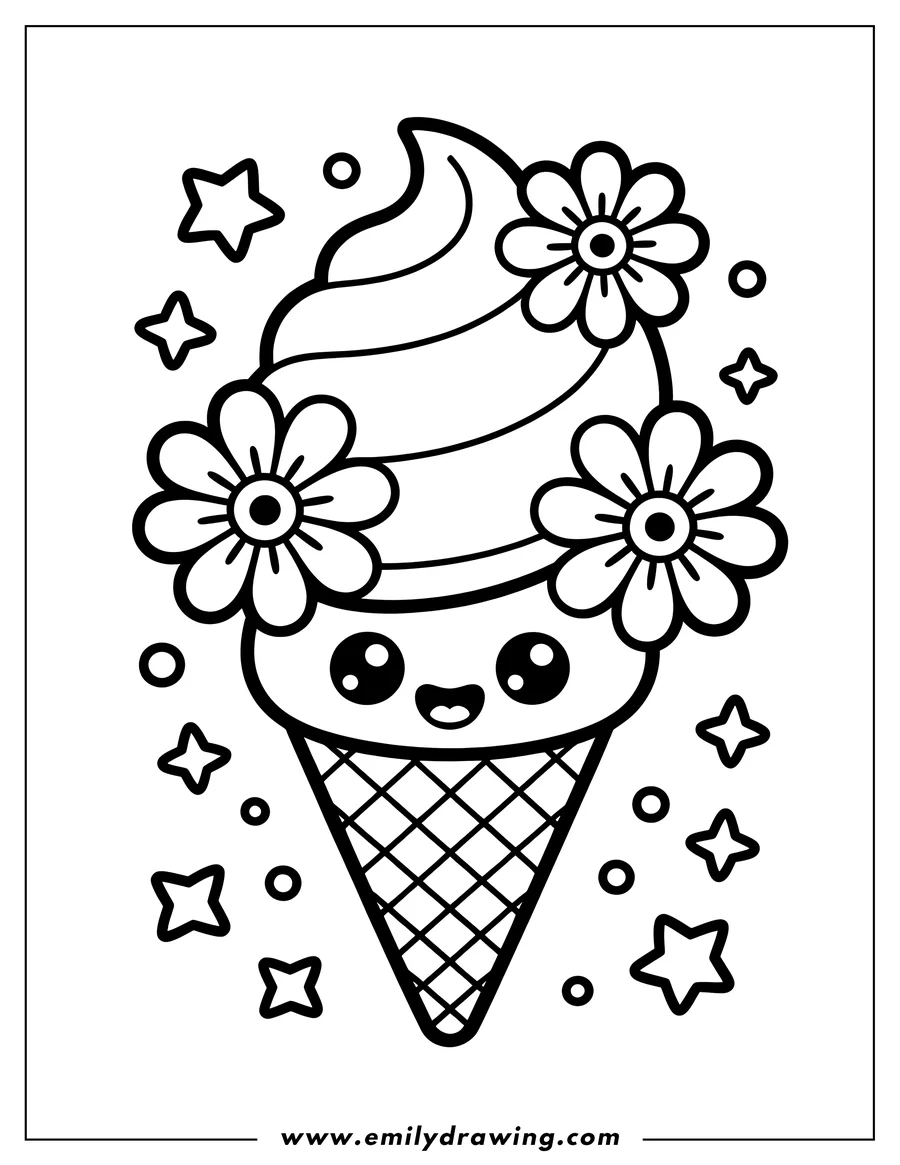 Line art of an ice cream cone with a cute, smiling face and two flowers on the top. The background is decorated with small stars and circles.