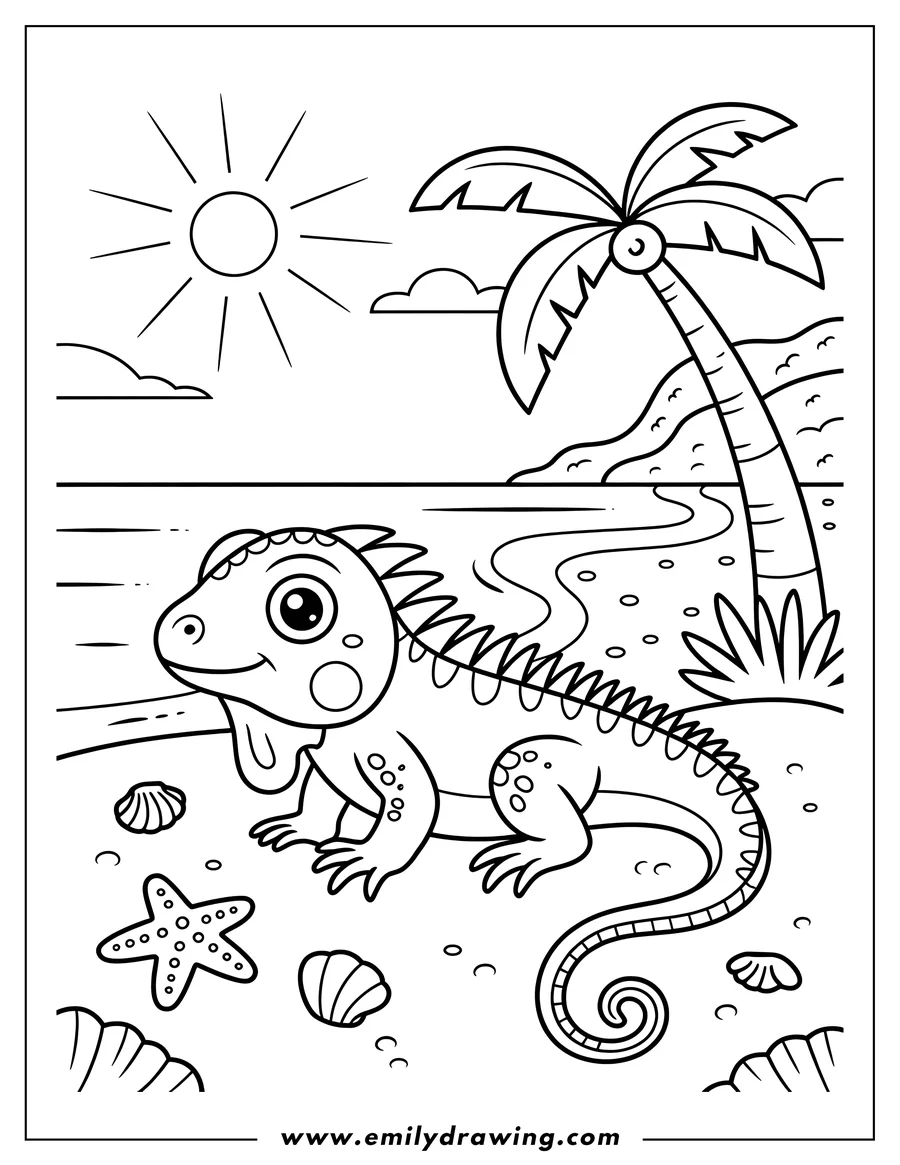 Outline of an iguana sitting on a sandy beach near seashells and starfish, with a palm tree and the sun in the background.