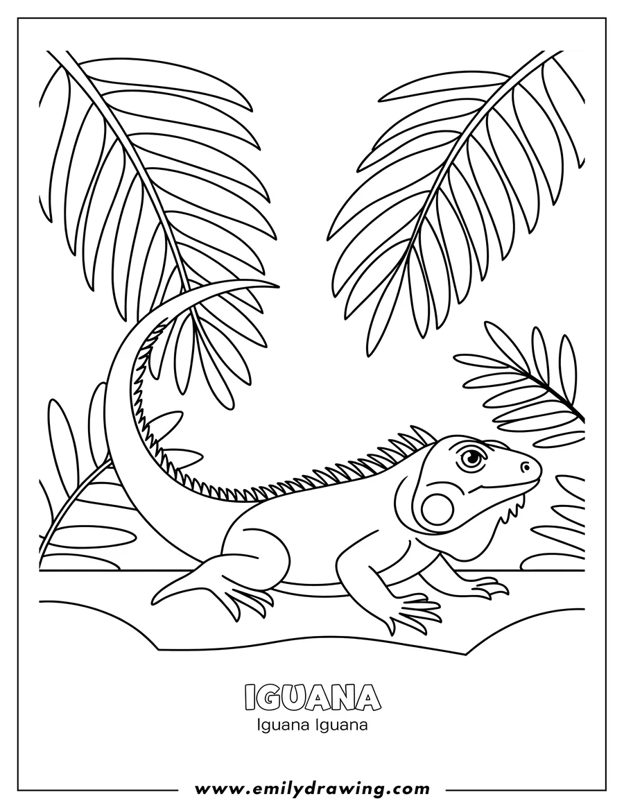 Outline of an iguana standing beneath palm leaves.  It has a textured, spiky back.