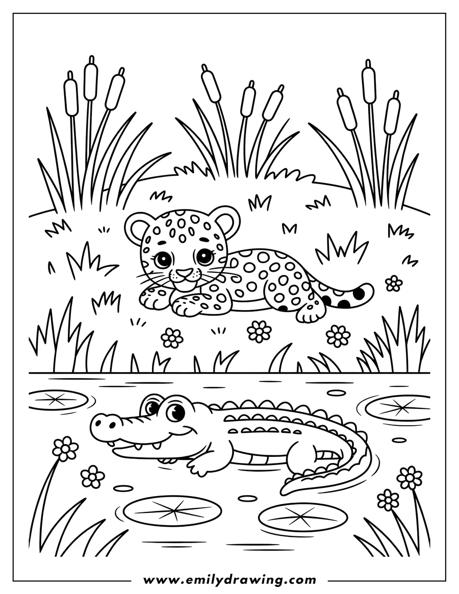 Line art of a jaguar cub sitting by a pond with a friendly crocodile swimming nearby. Cattails and lily pads surround them.
