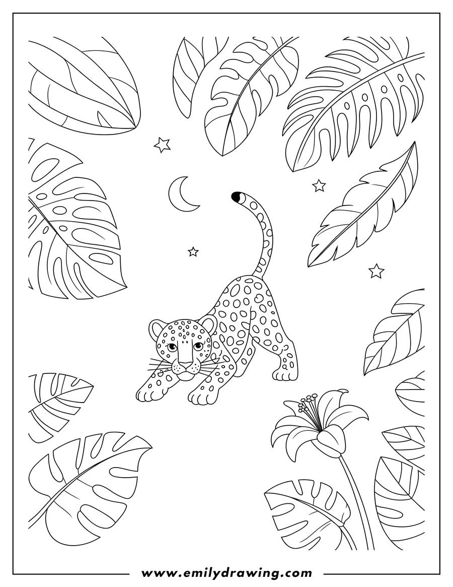 Outline of a playful jaguar cub under a crescent moon and stars. Tropical leaves frame the scene.