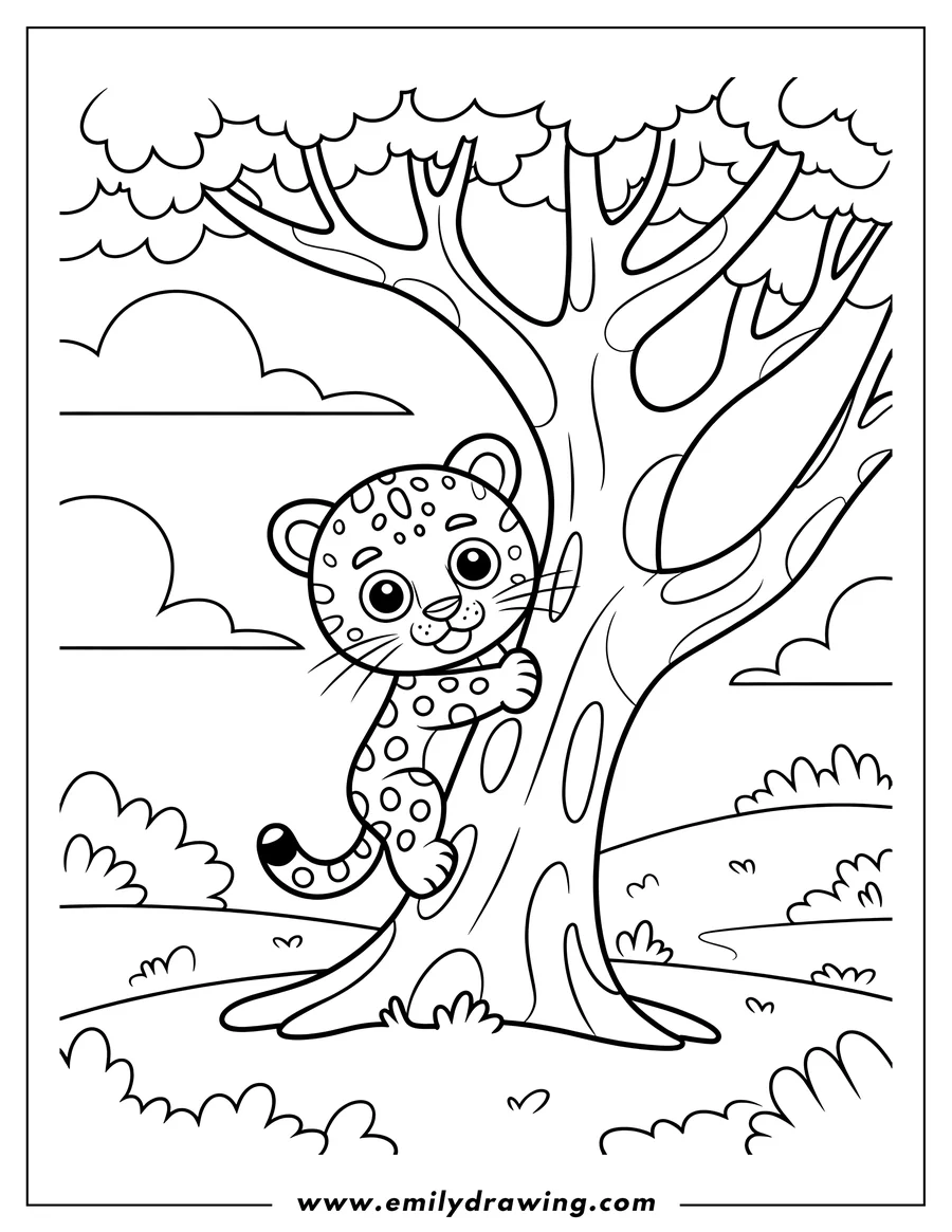Outline of a jaguar cub climbing a tree in a grassy landscape.