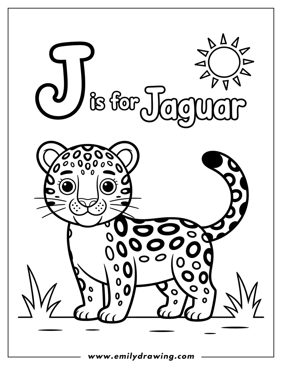 Line art of a jaguar with distinctive spots. The letter 'J' and the word 'Jaguar' are written above it. The jaguar stands on a patch of ground with blades of grass on both sides. A stylized sun is depicted in the top right corner.