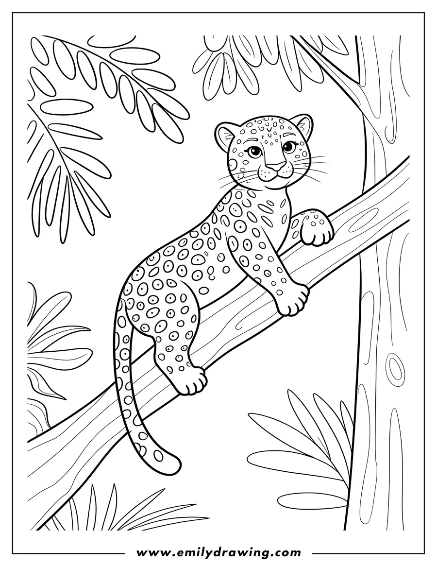 Outline of a jaguar cub climbing a tree branch in the jungle.