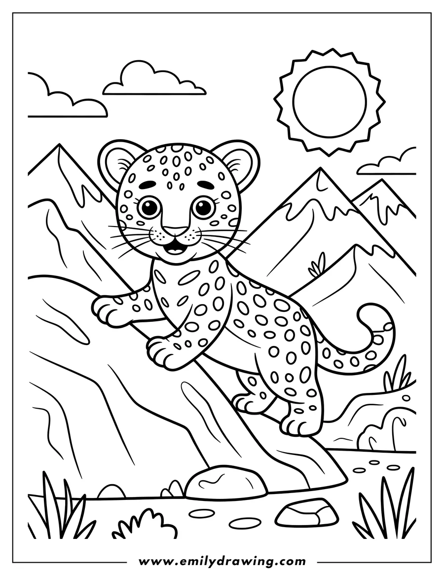 Outline of a jaguar cub climbing a large rock in a sunny, mountainous landscape.