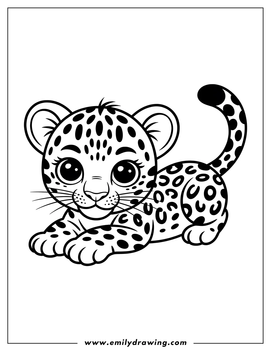 Outline of a jaguar cub lying down, ready to be colored.