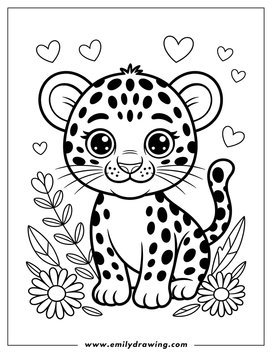 Outline of a baby jaguar sitting near daisies and leaves. Floating hearts surround the cub.