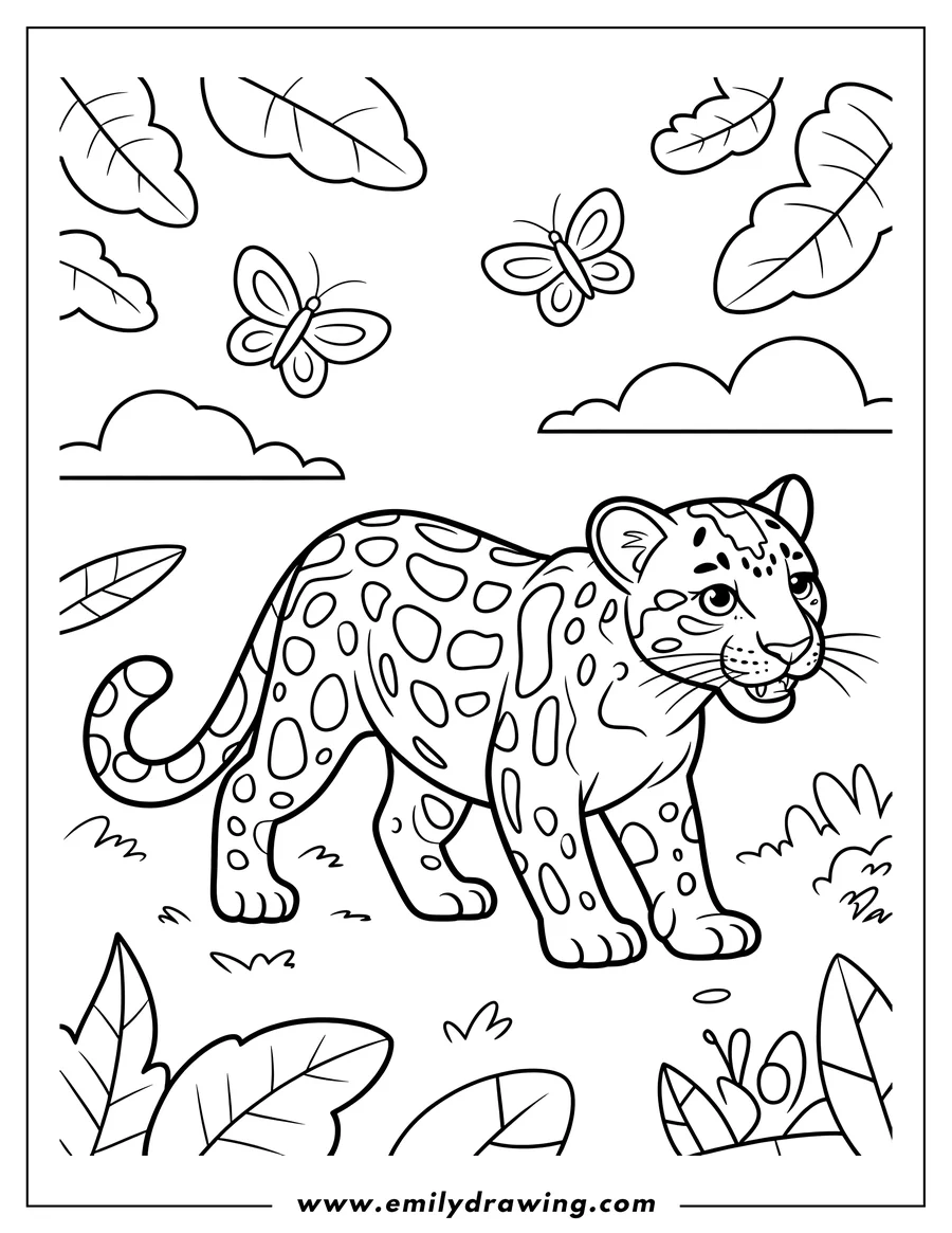 Outline of a jaguar cub walking in a jungle setting, surrounded by butterflies and tropical plants.