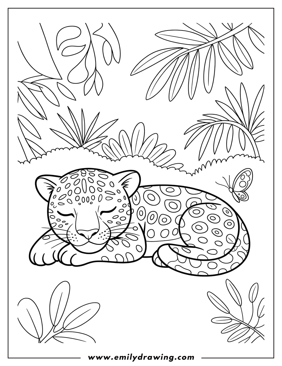 Outline of a jaguar cub sleeping peacefully in the jungle, surrounded by leaves and a butterfly