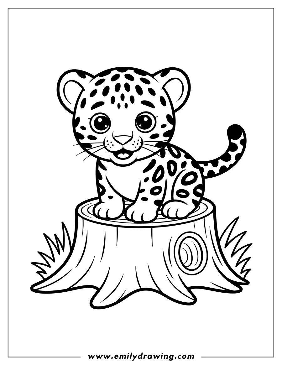 Outline of a baby jaguar sitting on a tree stump with grass around the base.