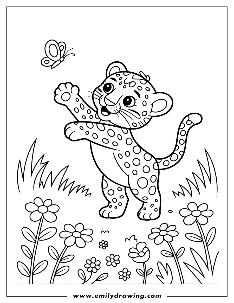 Outline of a playful jaguar cub reaching up towards a butterfly in a field of flowers.