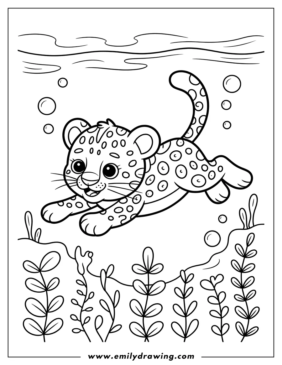 Outline of a jaguar cub swimming underwater, surrounded by bubbles and aquatic plants.