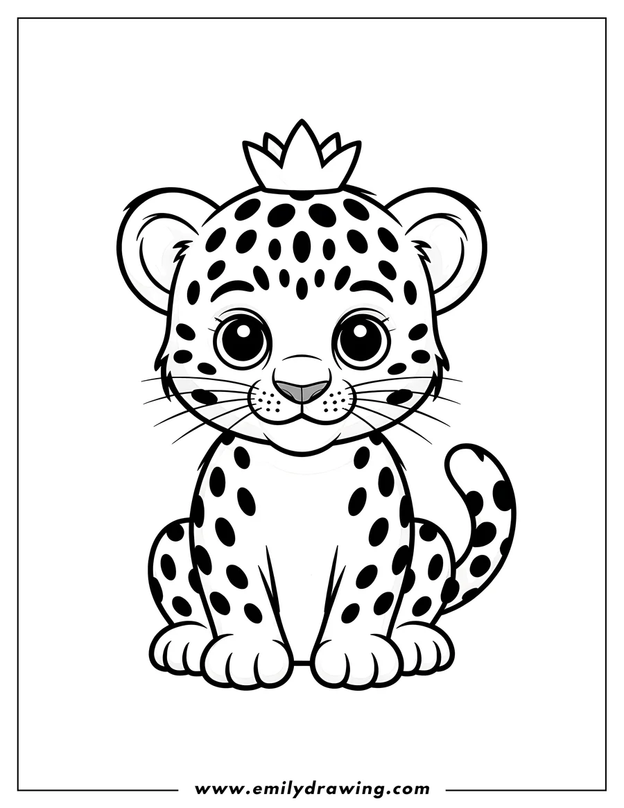 Line art of a jaguar cub wearing a crown.