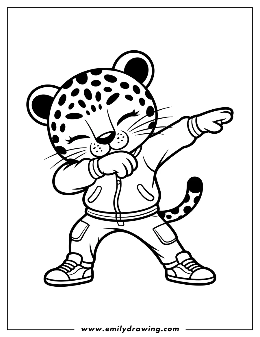 Line art of a jaguar dabbing, wearing a jacket, pants, and sneakers.