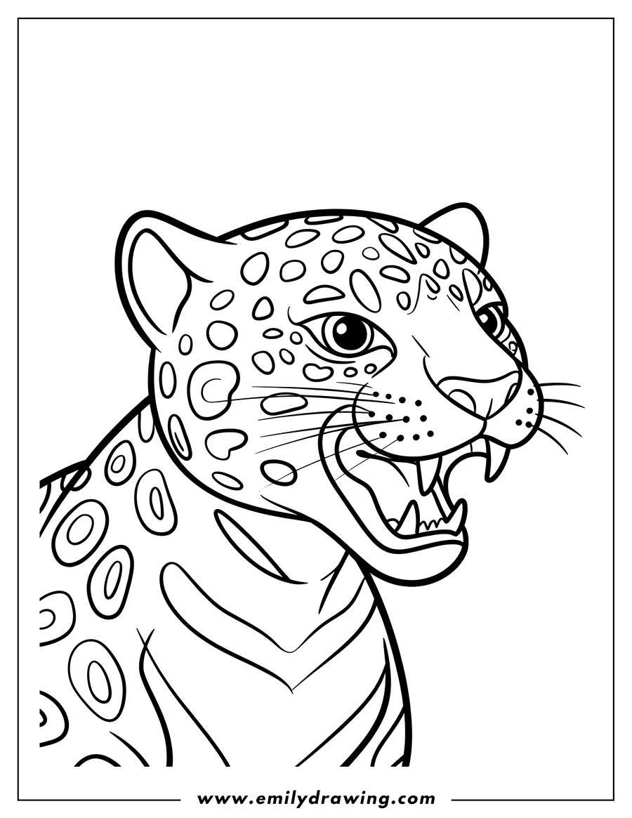 Line art of a growling jaguar, showing its teeth and patterned fur.