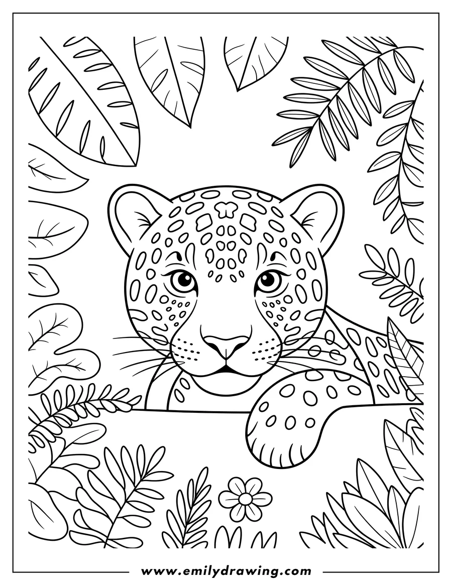 Line drawing of a jaguar cub peeking out from jungle foliage. It has distinct spots and large, expressive eyes.