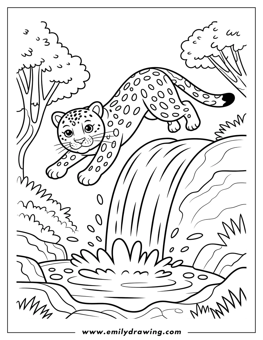 Outline of a jaguar leaping over a waterfall in a jungle setting. Trees and foliage surround the scene.