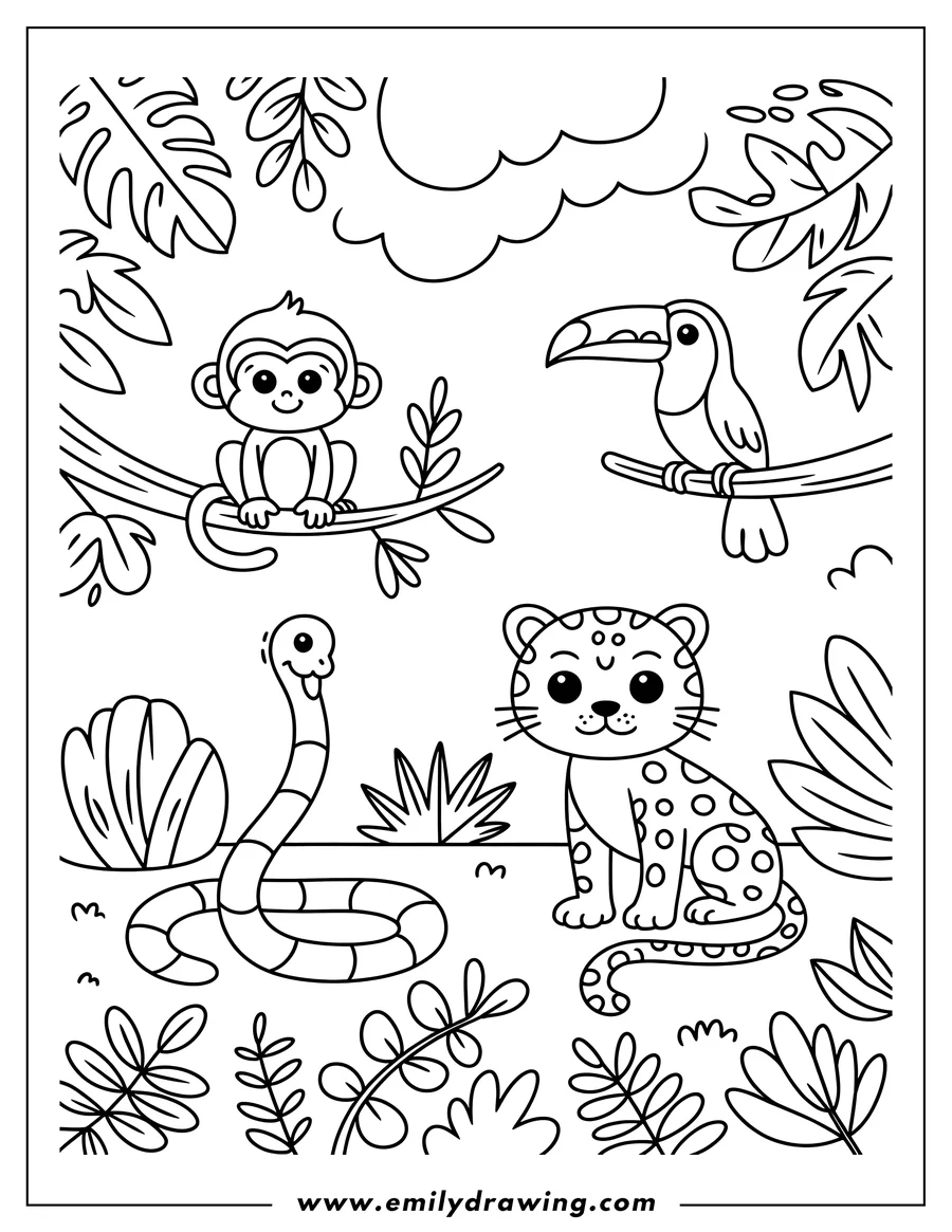 Line art of a jaguar, monkey, snake, and toucan in a jungle setting. The jaguar sits prominently in the foreground, while the monkey and toucan perch on branches. A snake with a patterned body is also visible amongst jungle foliage.