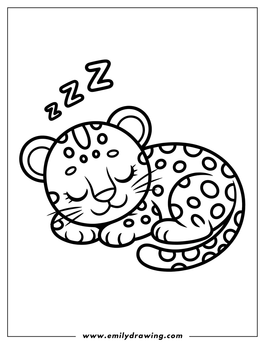 Line art of a jaguar napping with its eyes closed.