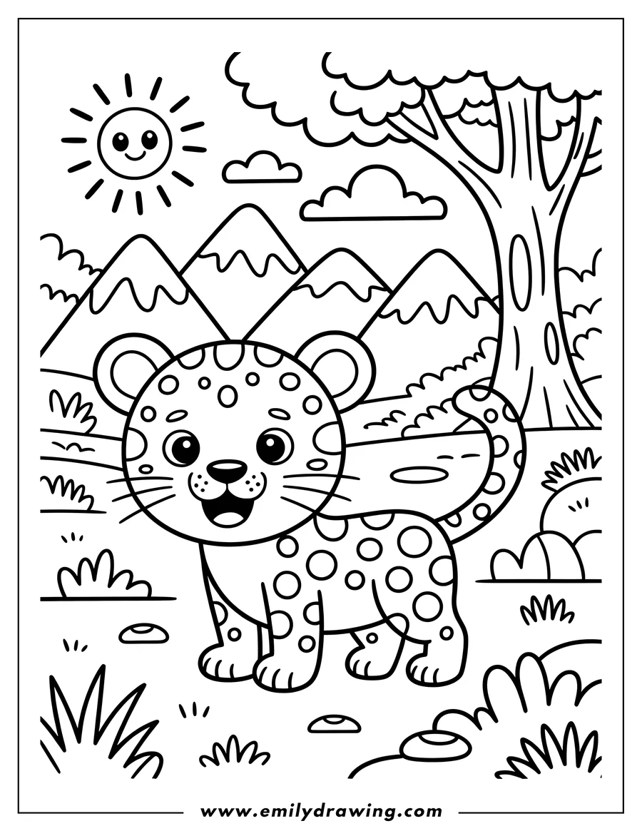Outline of a baby jaguar standing near a tree. Mountains are in the background.