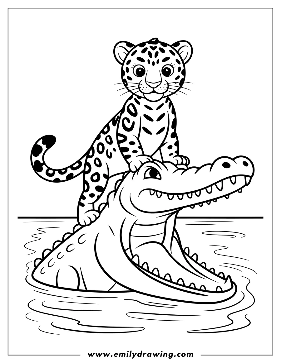 Outline of a jaguar cub standing on the head of a crocodile in the water.