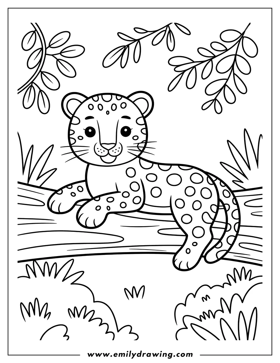 Outline of a jaguar resting on a tree branch in a jungle setting.