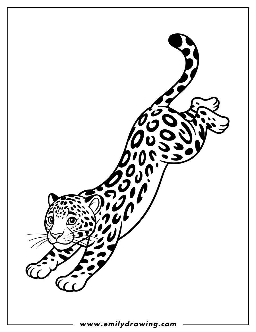 Line art of a jaguar pouncing. It has its front paws stretched out and hind legs tucked underneath. Its spotted coat is clearly visible.