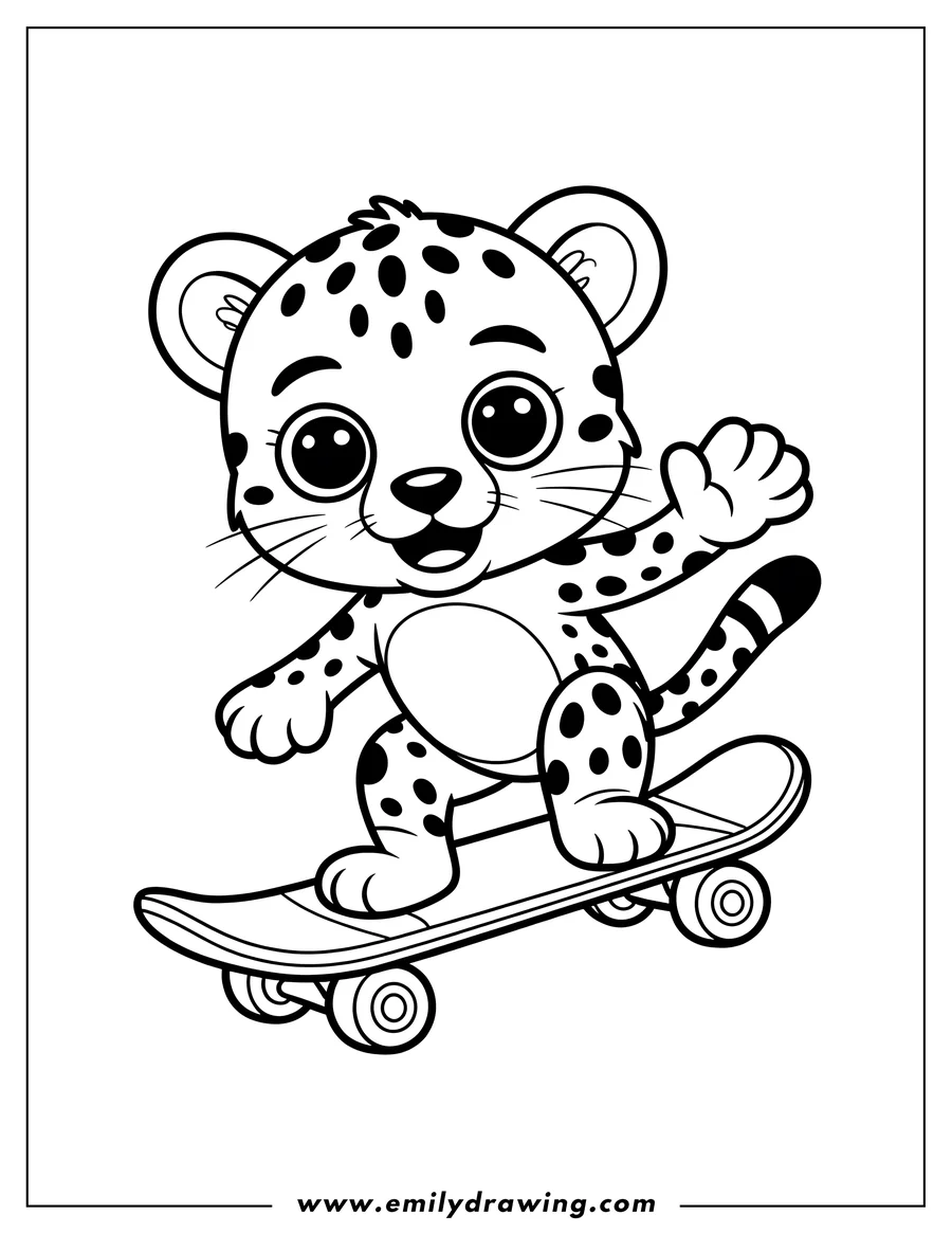 Outline of a young jaguar riding a skateboard. It has large paws and a spotted coat.