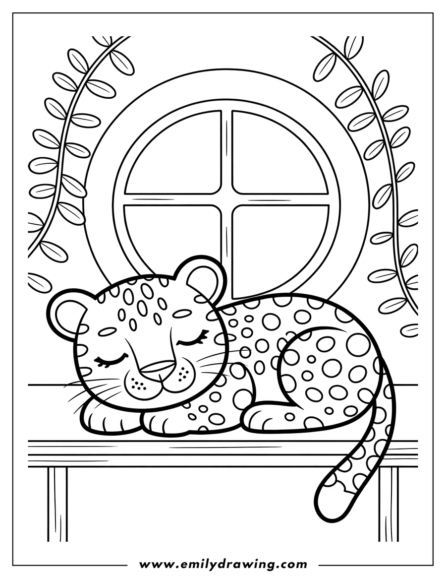 Outline of a jaguar sleeping peacefully on a windowsill. Vines frame the circular window behind it.