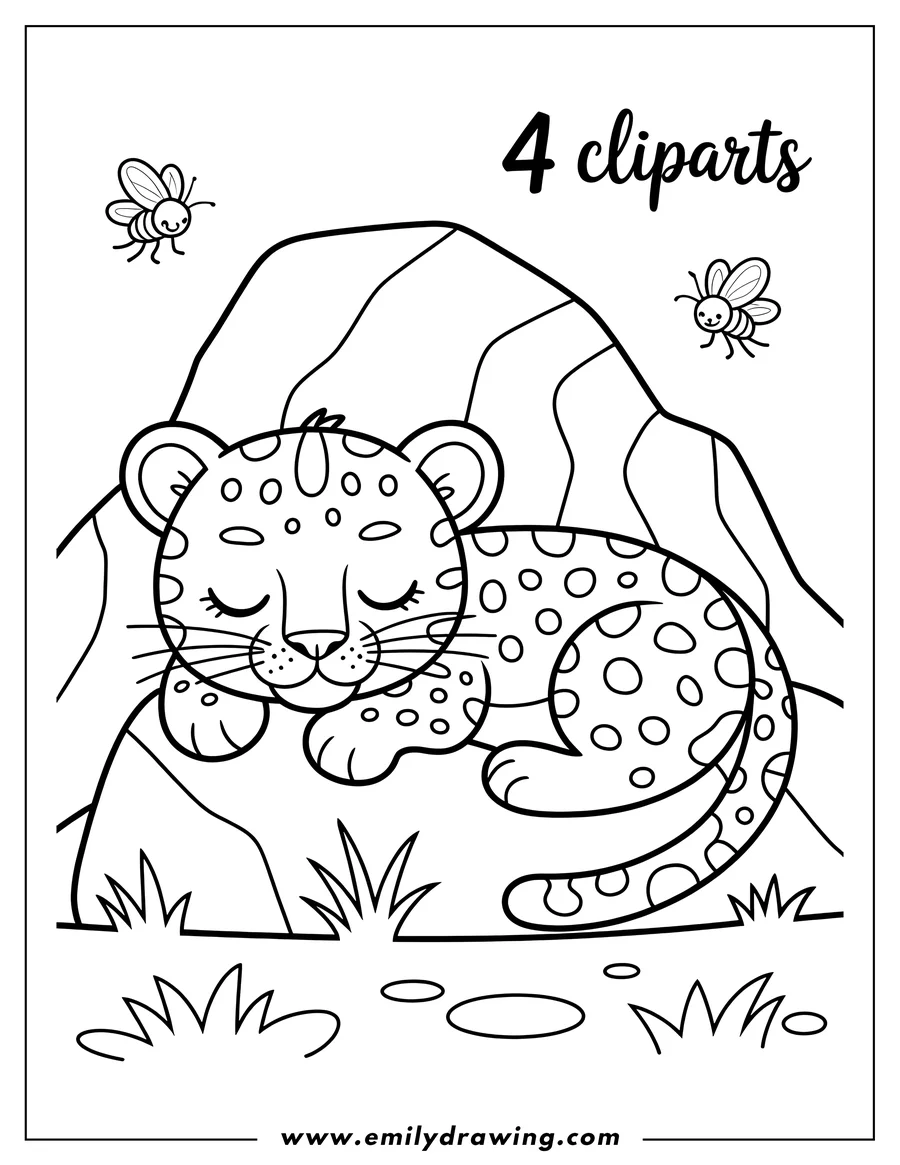 Outline of a jaguar sleeping peacefully near a small hill with two bees flying nearby.