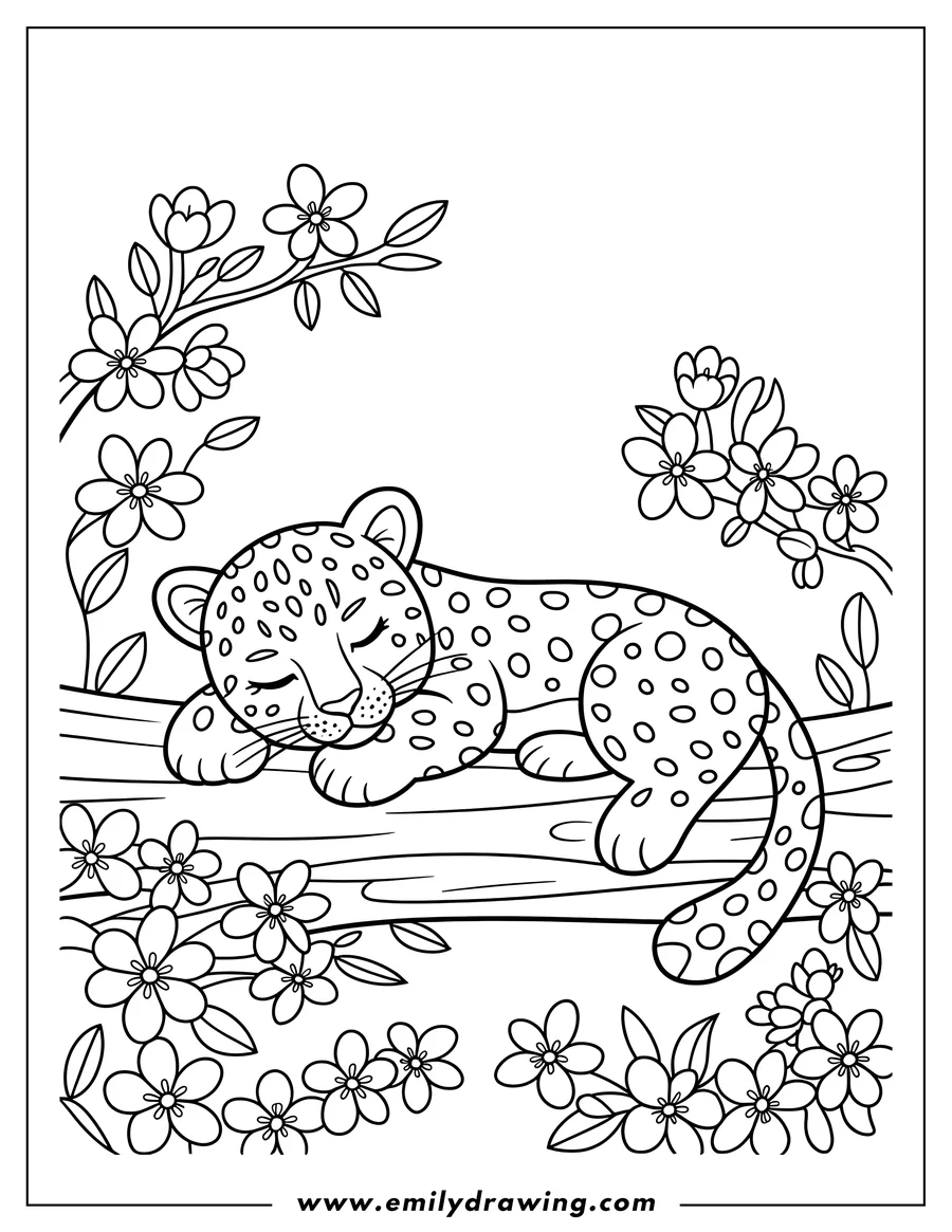 Outline of a jaguar sleeping on a branch surrounded by flowers.