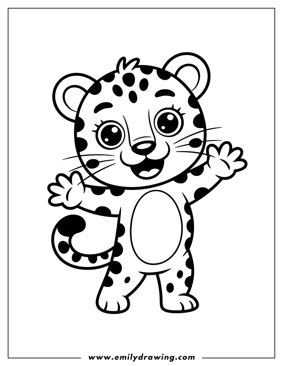 Line art of a friendly jaguar waving hello. It has large, expressive eyes and distinct spots on its fur.