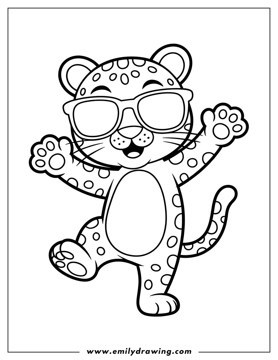 Line art of a jaguar wearing sunglasses, looking happy and ready for fun.