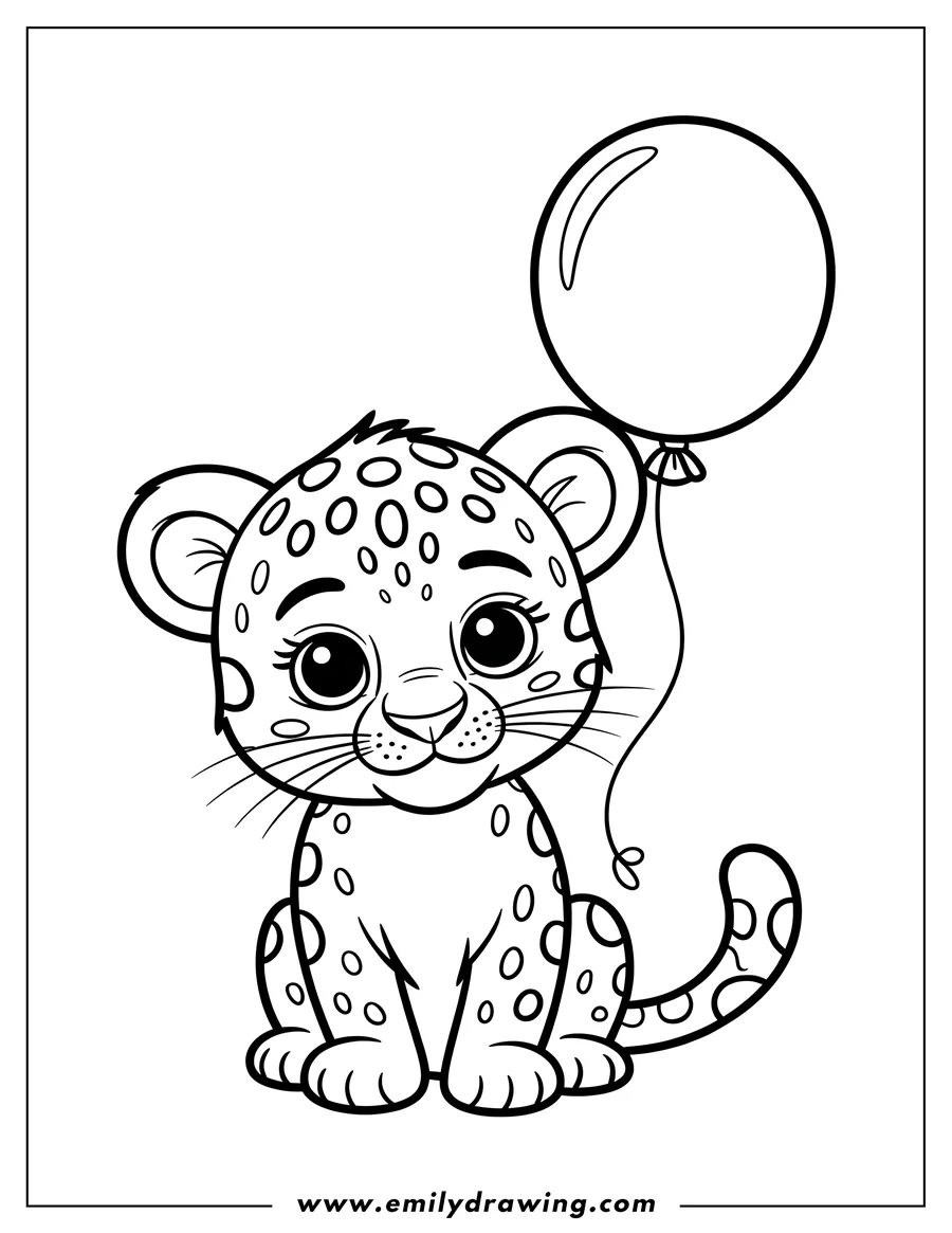 Outline of a jaguar cub sitting and holding a balloon.
