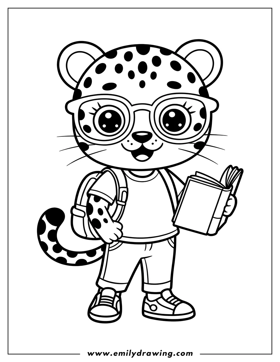 Line art of a jaguar wearing glasses and carrying a book and backpack