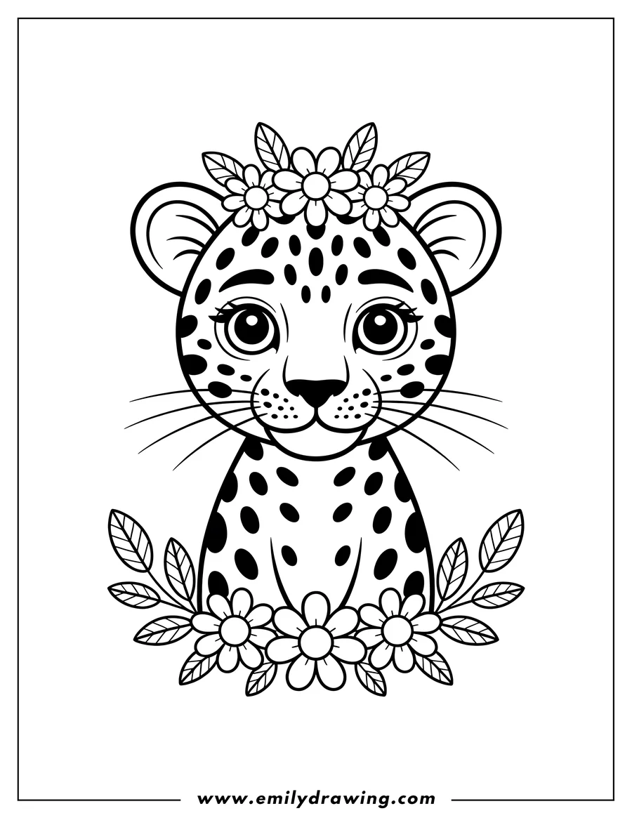 Outline of a baby jaguar surrounded by flowers and leaves.