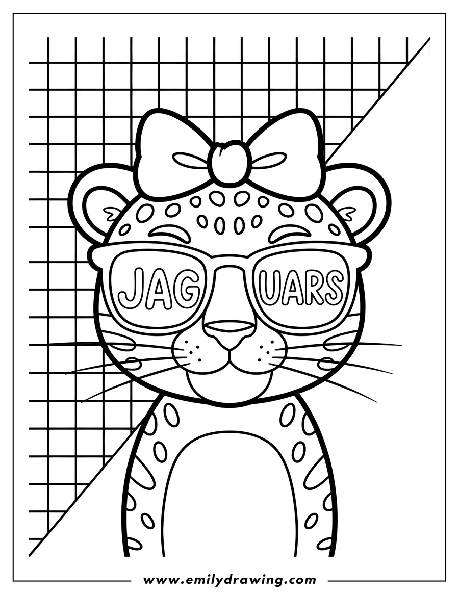 Line art of a jaguar wearing sunglasses and a bow.