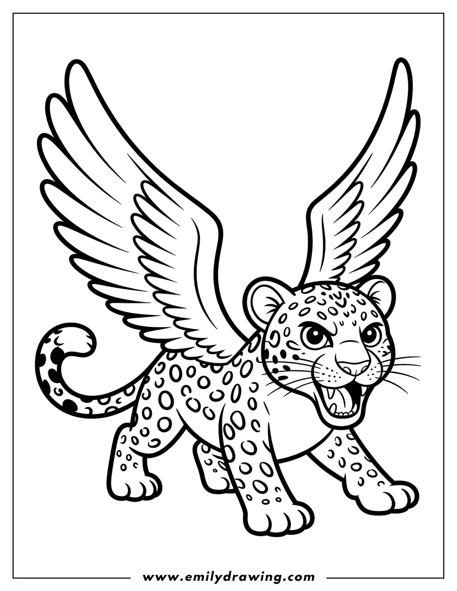 Line art of a jaguar with large wings, as if ready to take flight. It has distinctive spots and is roaring playfully.