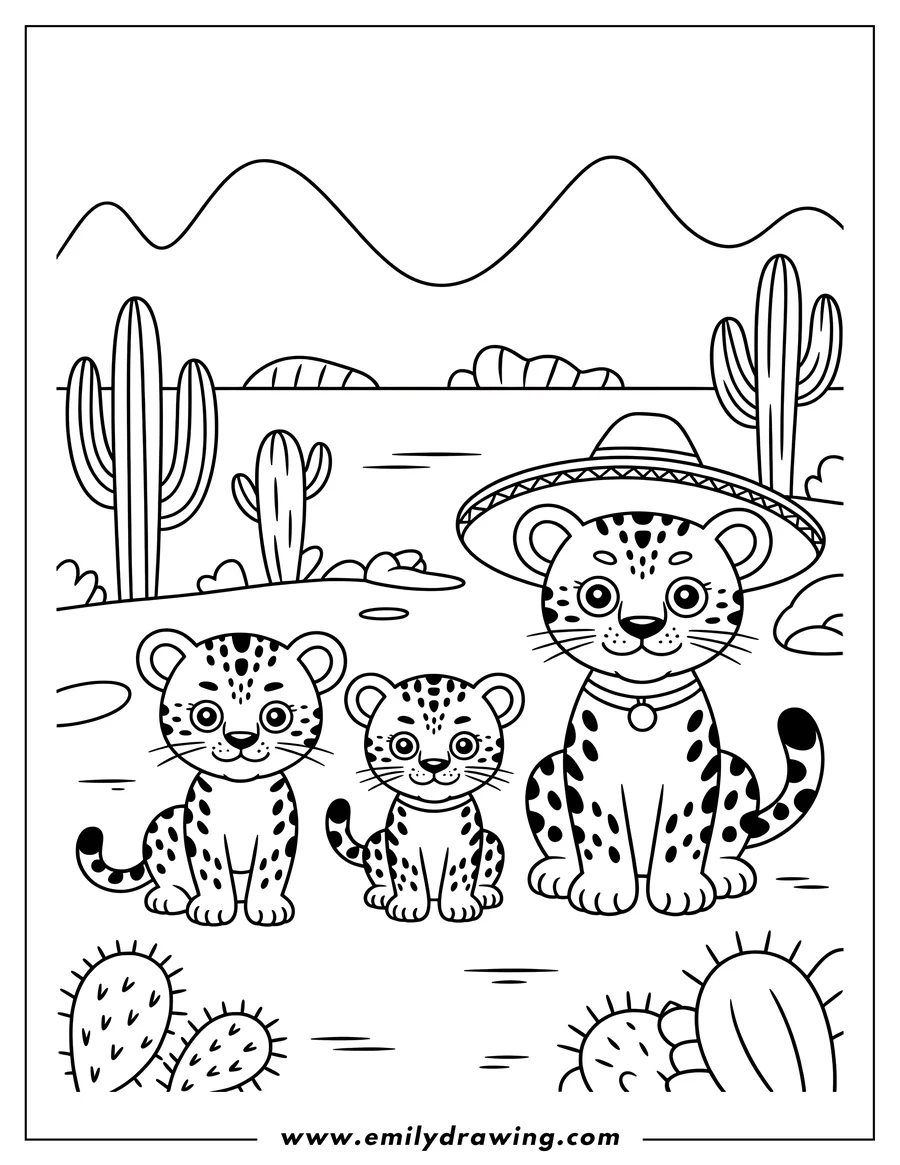 Outline of three jaguars in a desert landscape. Two jaguar cubs sit beside an adult jaguar wearing a sombrero. Cacti and hills are visible in the background.