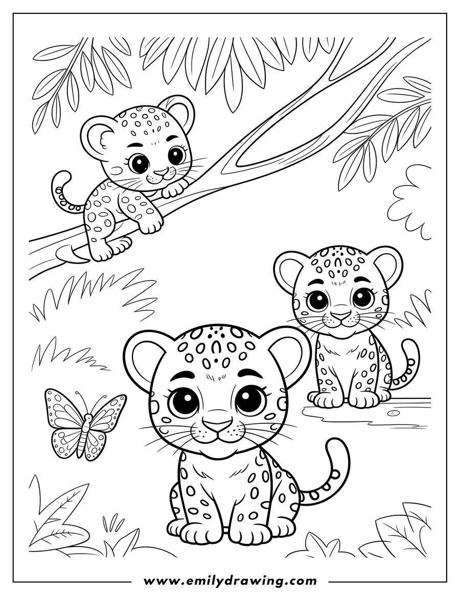 Three jaguar cubs in a jungle setting. One cub climbs a tree branch, another sits on the ground, and the third looks forward. A butterfly flits nearby.