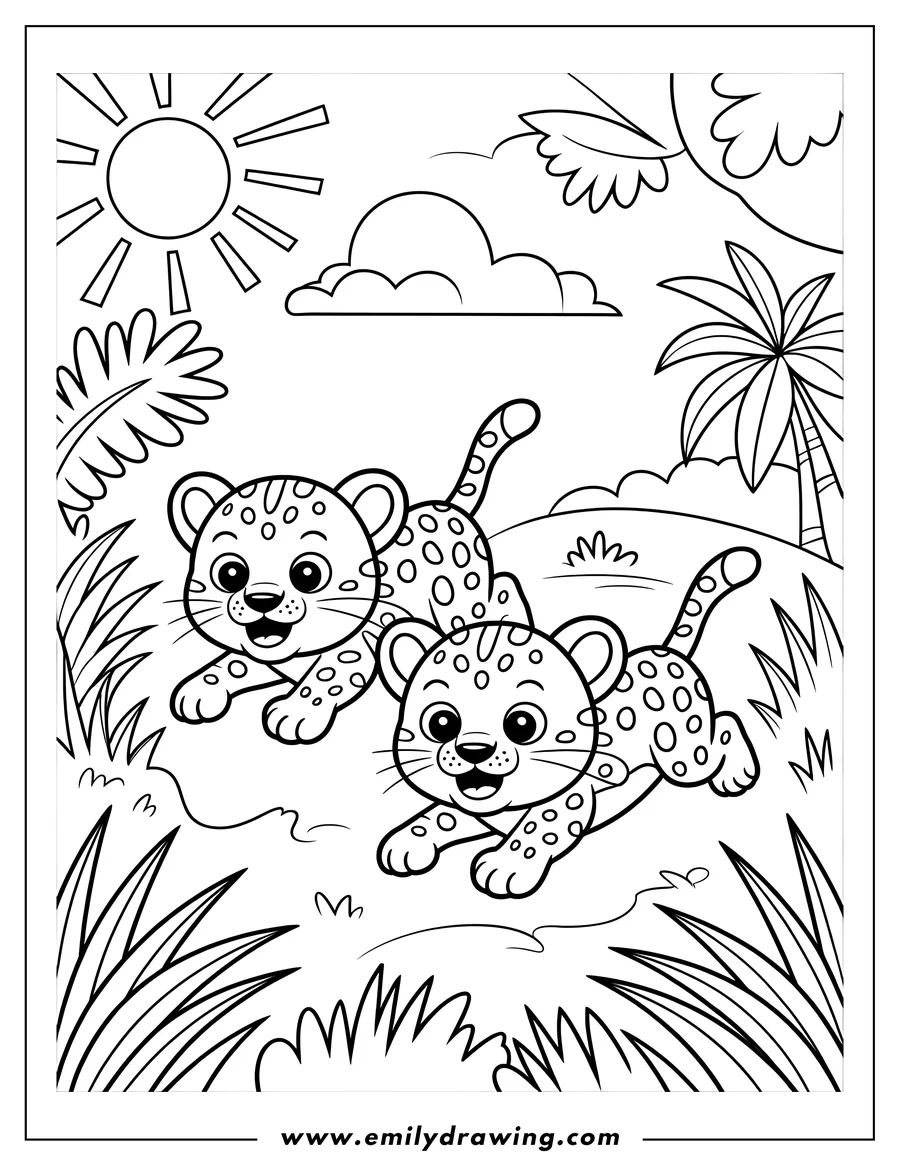 Two playful jaguar cubs pouncing and leaping in tall grass with a sunny sky, palm tree, and bushes in the background.
