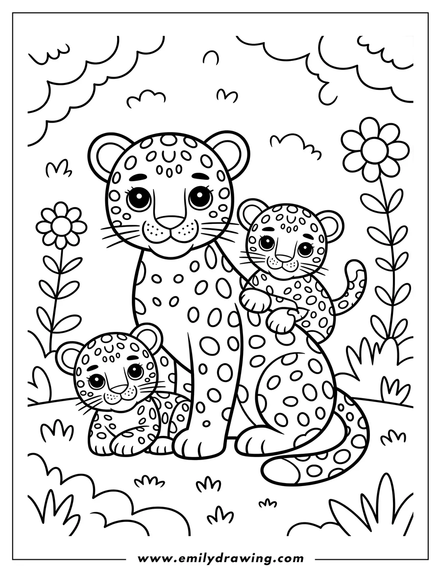 Outline of a mother jaguar sitting with her two cubs in a grassy area with flowers and stylized clouds.