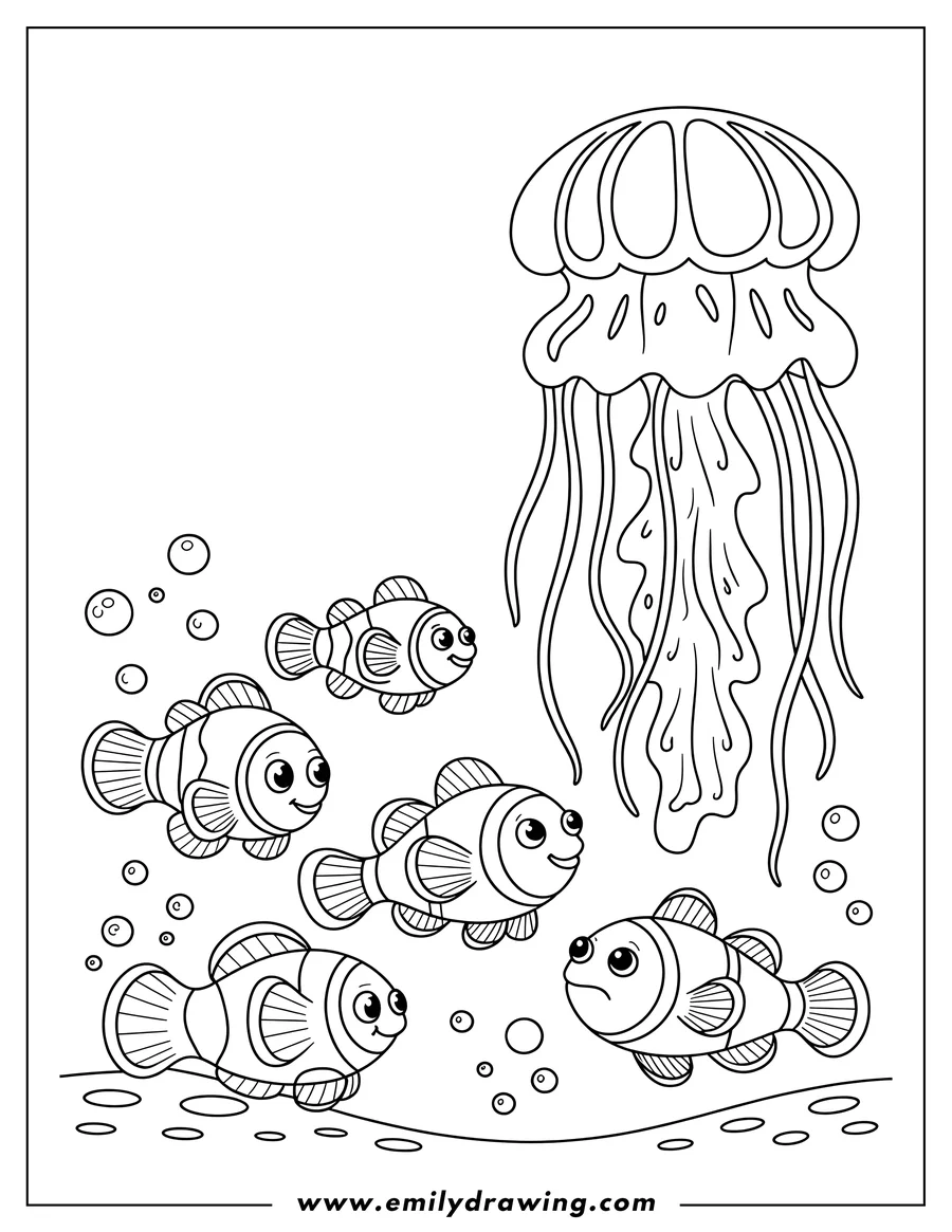 Outline of a jellyfish with four clownfish swimming beneath it. Bubbles float around the fish, and there's a simple seabed below.
