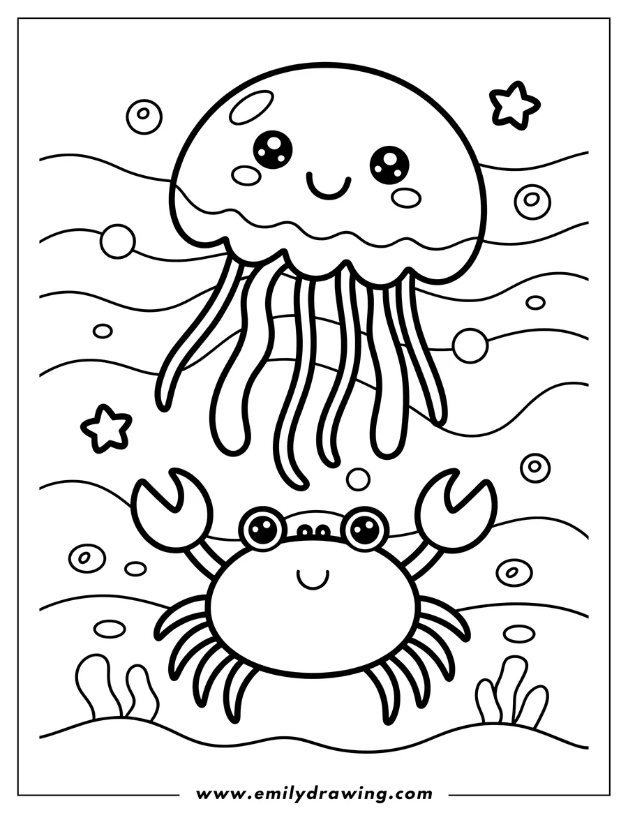 Outline of a jellyfish floating above a crab on the ocean floor with bubbles and small stars.
